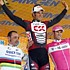 Das Siegerpodest während der 6. Etappe der Tour of California 2007: Bettini, Haedo, Henderson